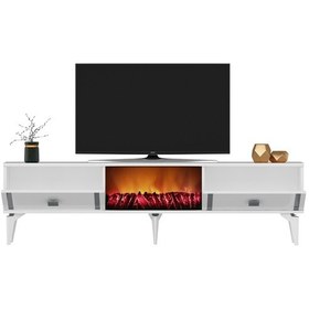 Resim Doruk Tv Sehpası Alt Modül Şömineli Beyaz Gümüş 