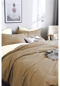 Resim Çift Kişilik Ranforce Çift Taraflı Nevresim Takımı - Lastikli Çarşaflı -krem/sütlü Kahve Krem - Kahverengi 