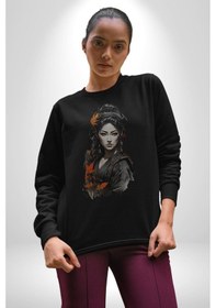Resim Japon Asyalı Samuray Kadın Unisex Siyah Baskılı Sweatshirt Siyah 