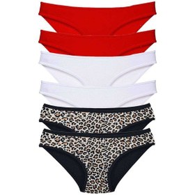 Resim 6 Adet Likralı Kadın Slip Külot Leopar Kırmızı Beyaz 