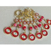 Resim Azrua Kırmızı Taşlı Göz Metal Anahtarlık, Metal Nazar Boncuklu Anahtarlık 