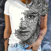 Resim Kadın Tişört - Açık Mavi & Siyah Soyut Portreli Yazılı, Modern Minimalist Monokrom Üst Günlük ve Resmi Kıyafetler İçin - Makinede Yıkanabilir Yuvarlak Yaka Tişört, Bayan T-Shirtleri, Yazlık Gardırop, Sanatsal Baskı, Rahat Kumaş, Kısa Kollu Gömlek, Sanatsal Tarz 