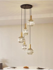 Resim Mylights Şeffaf Cam Beşli 5li Sarkıt Masaüstü Salon Avize Modern Altın Gold Eskitme Siyah Gövde Otel Kafe Şeffaf 