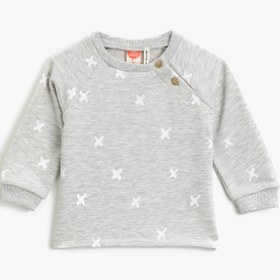 Resim Erkek Bebek Düğmeli Baskılı Bisiklet Yaka Uzun Kollu Sweatshirt 