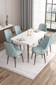 Resim Canisa Concept Are Serisi 80x132 Açılabilir Beyaz Masa Ceviz Ayaklı Masa Takımı Ve 6 Su Yeşili Sandalye 