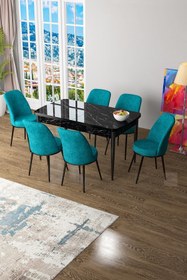 Resim Canisa Concept Zen Serisi 80x132 Mdf Açılabilir Siyah Mermer Desen Masa Takımı Ve 6 Turkuaz Sandalye 