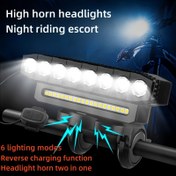 Resim Çok Fonksiyonlu Bisiklet Farı ile Korna, 8 LED USB Şarj Edilebilir Bisiklet Işığı, 6 Işık Modu, ABS Direksiyon-Monteli Far, Güç Göstergeli, Dağ ve Yol Bisikletleri için 