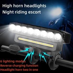 Resim Çok Fonksiyonlu Bisiklet Farı ile Korna, 8 LED USB Şarj Edilebilir Bisiklet Işığı, 6 Işık Modu, ABS Direksiyon-Monteli Far, Güç Göstergeli, Dağ ve Yol Bisikletleri için 