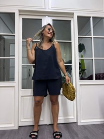 Resim A01991 siyah askılı şort takım tensel kumaş - 42 