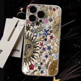 Resim 1 adet Yarım Gri Güneş ve Mavi Yıldız Desenli Şeffaf Uzay Kılıfı, Hassas Kesimlerle Uygun Iphone 16, 15 Pro, 14, 13, 12, 11 Pro Max, 14 Plus, 15 Plus, 16 Plus, X, XR, XS, XS Max, 12, 13 Mini Serisi İçin Yumuşak Koruyucu Kılıf. Güneş ve Yıldız Elementleri ile Koruyucu Kılıf, Tatillerde Çiftler veya Arkadaşlar İçin Mükemmel Bir Hediye - Basit ve Şık Yumuşak Kılıf. 