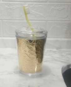 Resim 2 Adet Diş Fırçalık Altın Yaprak Akrilik 9x9x12cm Banyo Seti Çok Renkli 