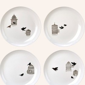 Resim 4'lü Tatlı Tabağı Seti, Freedom Birds, 20 Cm, Kuş Motifli Sırlı Porselen, Het Paradijs Tasarımı Beyaz 