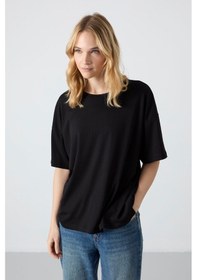 Resim Tommy Life Siyah Penye Modal Yumuşak Tuşeli Oversize Fit Basic Kadın T-shirt- 97285 Siyah 