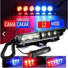 Resim S6 Cam Içi Lüks Tip Vantuzlu Çakar 6 Ledli Kırmızı Mavi 12 Mod Çakmaklık Girişli 