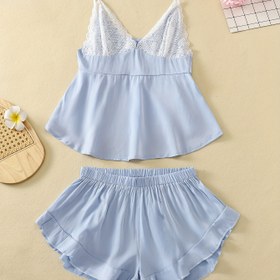 Resim Sexy Pijama Takımı Saf Arzu Stili Düz Renk Yazlık Pijama Kadın Askılı Şortlu Rahat İki Parçalı Set 