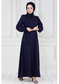 Resim Sevitli İnci Detaylı Kuşaklı Tesettür Elbise-lacivert-3585-lacivert Lacivert 