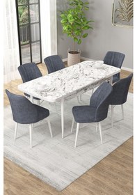 Resim Arel Beyaz Mermer 80x132 Açılabilir Mdf Masa Yemek Odası Takımı, Mutfak Takımı 6 Adet Sandalye Beyaz Mermer - 6 Füme - Beyaz Ayak 