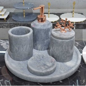 Resim Sümeyra Marble Art Palladium Grey - Dekoratif Doğal Gri Mermer Banyo Seti | Gold Rose Mercan | 5li | 