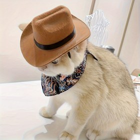 Resim Batı Kovboy Kedi & Yavru Köpek Şapkası - Geniş Kenarlı ve Siyah Bantlı %100 Polyester Örme Mini Evcil Hayvan Şapkası, Küçük/Orta Boy Köpekler & Kediler için Ayarlanabilir Kayış, Fotoğraf Çekimleri, Temalı Partiler & Günlük Giyim için Dayanıklı Rahat 