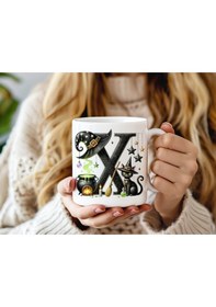 Resim X Harfli Halloween Kedili Figür Kupa Bardak - Şapkalı Ve Kazanlı İsme Özel Kupa - Hediye 07 Beyaz 