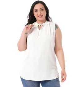 Resim Büyük Beden Yakası Bağlamalı Dik Yaka Yanı Yırtmaçlı Beyaz Bluz 