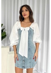 Resim Defymoda Mavi Önü Fiyoklu Kot Elbise Mavi 