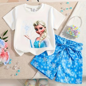 Resim Resmi Prenses Elsa 2 Parça Yazlık Kızlar için Günlük Spor Şort Takımı - Mavi Buz Kraliçesi "Prenses Elsa" Baskılı Kısa Kollu Üst + Elastik Bel Kar Tanesi Desenli Şort, Kızlar için Her Gün Kullanıma Uygun Dış Mekan Seyahat Kıyafeti, Moda ve Zarif Hanımefendi Tarzı Giysi Tatil Hediyesi, Dış Mekanlar İçin Mükemmel 