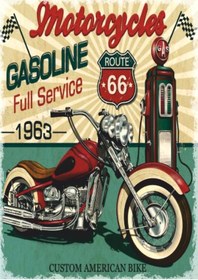Resim Route 66 Motosiklet Ve Benzin İstasyonu Temalı Ahşap Retro Poster Tablo 