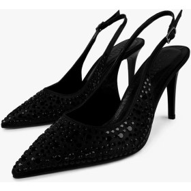 Resim Shoeberry Kadın Siyah Saten Taşlı Stiletto Yüksek İnce Topuklu Suni Deri Ayakkabı 