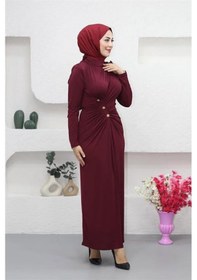 Resim Neşeli Butik Kadın Likralı Düğme Detaylı Tesettür Elbise Nms046 Bordo 