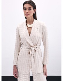 Resim Sateen Kare Desenli Kuşaklı Ceket - Bej-135789 Bej 