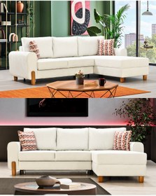 Resim Velura Home & Living Astana Mini Köşe Takımı & Sandıklı Yataklı Köşe Koltuk Takımı - Beyaz Keten Kumaş 