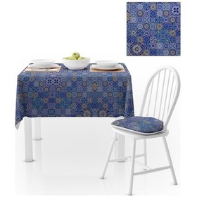 Resim Çini Desenli Mavi Dijital Baskılı Petek Dokuma Masa Örtüsü 140x140 