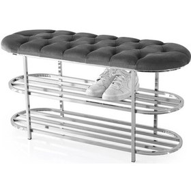 Resim Kapitoneli Puf Bench Kapı Önü Metal Ayakkabılık Gri Pamir 