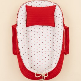 Resim Babynest ve Yastık - Çift Taraflı - Kırmızı Saten - Kırmızı Kalp 