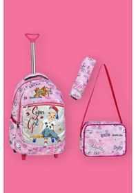 Resim Tezzgelsin Çekçekli Super Girl Desenli Beslenmeli Ve Kalemlikli Okul Çantası 3'lü Set Pembe 