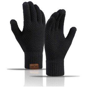 Resim Siyah Erkek Kış Sıcak Tutma Örme Kalınlaşmak Düz Renkli Dokunmatik Ekran Yumuşak Eldiven Siyah 