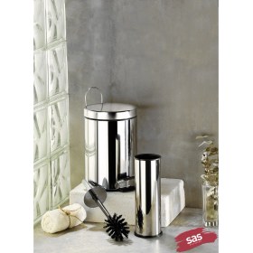 Resim SAS 3LT KROM 2'li Banyo Seti Pedallı Çöp Kovası wc Klozet Tuvalet Fırça Seti Banyo Çöp Kovası 