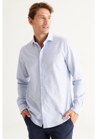 Resim AC&Co / Altınyıldız Classics Erkek Beyaz Lacı Slim Fit Dar Kesim Küçük İtalyan Yaka %100 Pamuk Armürlü Gömlek Beyaz Lacı Beyaz - Lacivert 