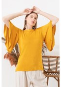 Resim Kadın Hardal Kolu Volanlı Kayık Yaka Bluz-Hardal 