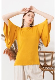 Resim Kadın Hardal Kolu Volanlı Kayık Yaka Bluz-Hardal 