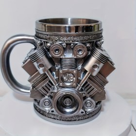 Resim V8 Motoru Paslanmaz Çelik Bardak, Yaratıcı Tasarlanmış Reçine El Sanatları Bardak, 15 Ons Büyük Kapasiteli Bardak, Araba Tutkunları İçin Mükemmel Seçim! 