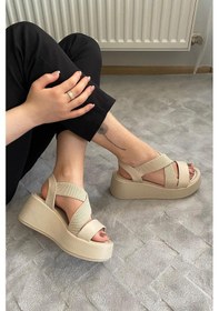 Resim Kadın Mokka Bej Lastik Detaylı Dolgu Tabanlı Sandalet Bej 
