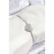 Resim Pirinç Zirkon Taşlı Kalp Model Gümüş Renk Asansörlü Kadın Bileklik 