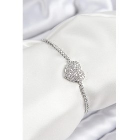 Resim Pirinç Zirkon Taşlı Kalp Model Gümüş Renk Asansörlü Kadın Bileklik 