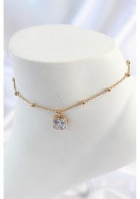 Resim Çelik Gold Renk Topçuk Zincir Model Sallantılı Kare Zirkon Taş Model Kadın Halhal Altın 