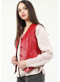 Resim Dericlub Vittoria Kadın Düğmeli Slim Fit Hakiki Deri Yelek B.kırmızı 