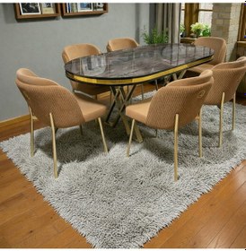 Resim Msy Home 6 Kişilik Aura Gold Serisi İroni Lake Oval Yemek Masası Ve Puffy Cappuccino Sandalye Takımı Modern Cappuccino 