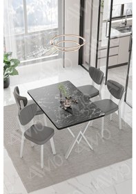 Resim Avvio Lionel Beyaz Elma Sandalye 80x120 Yemek Masası Mutfak Masası 4 Kişilik Masa Sandalye Takımı Siyah Mermer 