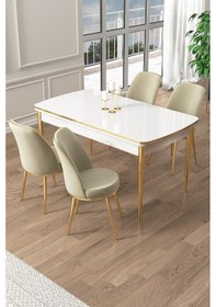 Resim Canisa Pale Serisi 80x132 Açılabilir Beyaz Mutfak Masa Takımı 4 Krem Sandalye Gold Detay Masa Beyaz Sandalye Krem Ayak Gold 